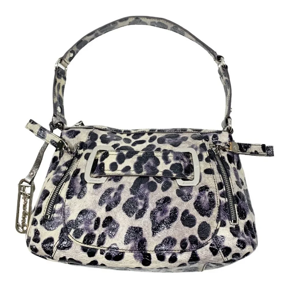 B. Makowsky Shiny Leopard Print Genuine Leather Satchel Handbag Purse - Picture 3 of 16